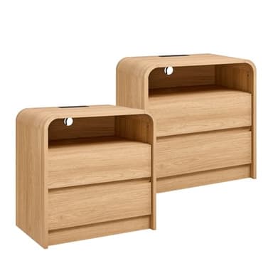 Aitjunz 25" Tall Modern Nightstand Set of 2, 23.6'' Wide Wood Bedside Table w/2 Storage Drawers, Charging Station, Mid Century End Table for Bedroom, Living Room,Curved Profile Design, Natural Oak - Image 1