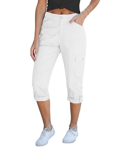 GRAPENT High Waisted Cargo Capris for Women, Off-White, Size 12-14 - Image 1