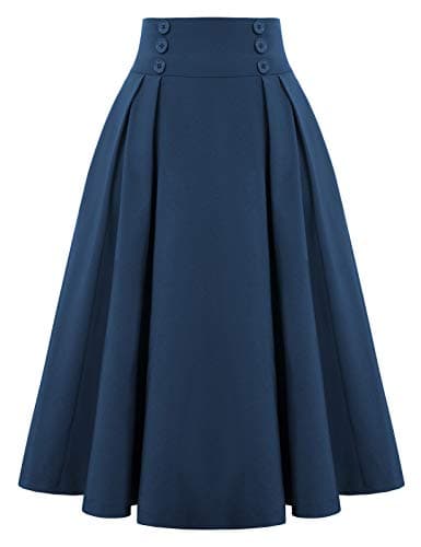 Women 1950's Vintage Pleated Skirt Retro Button A-line Skirts,Navy Blue L - Image 1
