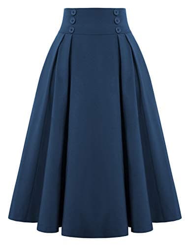 Women 1950's Vintage Pleated Skirt Retro Button A-line Skirts,Navy Blue L - Image 1