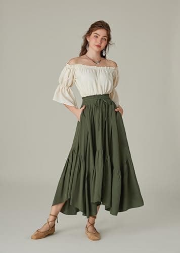 Maxi Skirts for Women Renaissance High Waist Skirt Asymmetrical Skirt with Pockets Army Green XL - Image 5