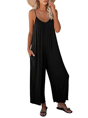 ANRABESS Women Jumpsuits 2025 Casual Sleeveless Spaghetti Strap Boho Wide Leg Rompers Dressy Summer Outfits Vacation Clothes Black Medium - Image 1