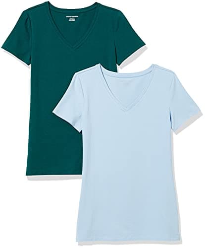Amazon Essentials Women's Regular-Fit Short-Sleeve V-Neck T-Shirt, Pack of 2, Dark Green/Powder Blue, Large - Image 1