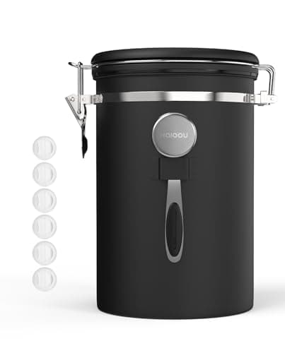 HAIOOU Large Coffee Canister, 38OZ Oversized Stainless Steel Coffee Bean Storage Container with Date Tracker, Measuring Scoop, CO2 Releasing Valves for Beans, Grounds and more - Black - Image 1