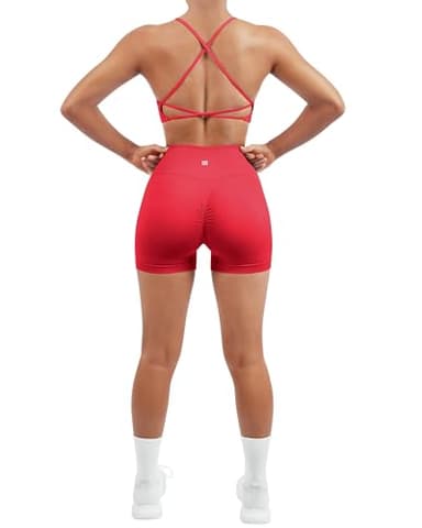 SUUKSESS Women Seamless 2 piece Workout Sets Strappy Padded Sports Bra Booty High Waisted Shorts Outfits (Red,S) - Image 2
