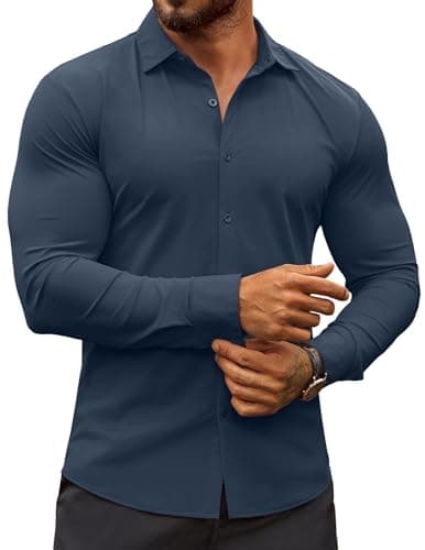 COOFANDY Men's Wrinkle Free Shirts Long Sleeve Slim Fit Dress Shirt Casual Button Down Shirt Dark Blue - Image 1