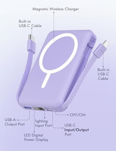podoru for Magsafe Battery Pack, 10000mAh Magnetic Power Bank Built-in Double USB-C Cables 22.5W PD Fast Charging LED Display Wireless Portable Charger for iPhone 16/15/14/13/12/ All Series-Purple - Image 3