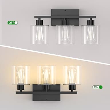 Phaosio Bathroom Vanity Light Fixtures 3-Black Wall Sconce, Brushed Nickel Mirror Light with Clear Glass Shade, Easy Install Bedroom Hallway Lighting, E26 Base - Image 6