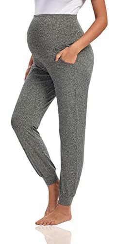 V VOCNI Women's Maternity Pants Maternity Activewear Jogger Track Cuff Sweatpants Over The Belly Stretchy Pregnancy Pants Black&Grey,Large - Image 4