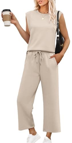 OFEEFAN Two Piece Sets for Women Summer Luxury Women Fahsion Lounge Set Cruise Airport Going Out Outfits Trendy Cap Sleeve Wide Leg Beige S - Image 1