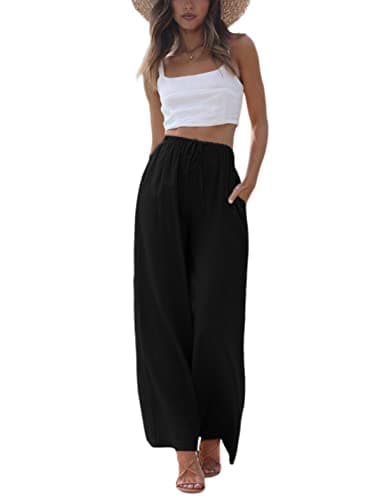 Faleave Women's Cotton Linen Summer Palazzo Pants Flowy Wide Leg Beach Trousers with Pockets(Black-M) - Image 1