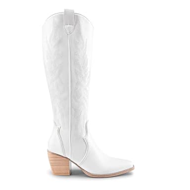 DREAM PAIRS Womens Cowboy Boots Wide Calf Comfortable Pull On Zipper Chunky Heel Pointed Toe Embroidered Western Cowgirl Knee High Boots Girls Ladies Retro Tall Boot,Size 8.5,White,SDKB224W-W - Image 2