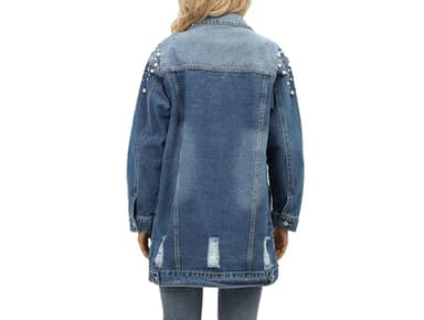 YPCT Women's Pearl Beaded Long Plus Size Distressed Ripped Denim Button Down Trench Coat and Diamonds Bling Oversize Boyfriend Casual Jean Jacket with Pockets X-Large 9329 Blue XL - Image 6