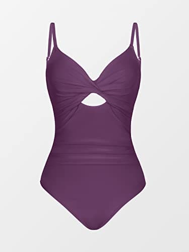 CUPSHE One Piece Swimsuit for Women Bathing Suits Twist Front Cutout Adjustable Straps Ruched Swimwear M, Dark Purple - Image 4
