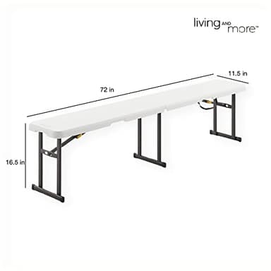 Living and More 6 Foot Fold-in-Half Bench with Carrying Handle, Easy Folding and Transport, Indoor/Outdoor Use, Sturdy Steel Frame, 72"D x 11.5"W x 16.3"H, White - Image 2