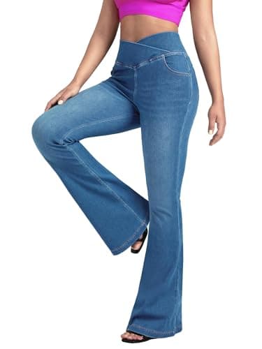 BlueRose Flare Jean Leggings for Women,Bell Bottom Jeans for Women Knit Crossover High Waisted Bootcut Jean Blue - Image 1