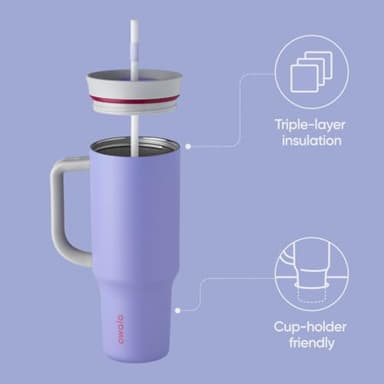 Owala Stainless Steel Triple Layer Insulated Travel Tumbler with Spill Resistant Lid, Straw, and Carry Handle, BPA Free, 40 oz, Light Purple (Whimsical Daydream) - Image 2