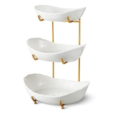 HOMKULA Ceramic Fruit Bowl for Kitchen Counter - 3 Tier Fruit Basket with Metal Stand, Tiered Fruit Stand for Countertop, Snack, Nuts, Cake, Dessert, Small & Cute (Gold) - Image 1
