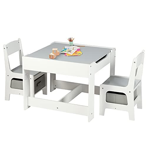 Kinder King Kids Wood Table & 2 Chairs Set, 3 in 1 Children Activity Table w/Storage, Removable Tabletop, Blackboard, 3-Piece Toddler Furniture Set for Art, Crafts, Drawing, Reading, Playroom, Grey - Image 1
