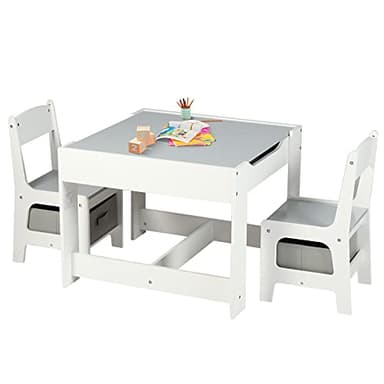 Kinder King Kids Wood Table & 2 Chairs Set, 3 in 1 Children Activity Table w/Storage, Removable Tabletop, Blackboard, 3-Piece Toddler Furniture Set for Art, Crafts, Drawing, Reading, Playroom, Grey - Image 1
