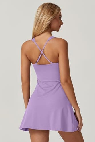 QINSEN Womens Square Neck Tennis Dress Sleeveless Built in Shorts Golf Athletic Dress with Pockets Light Purple S - Image 2