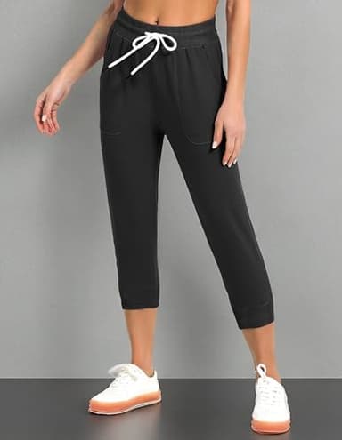 SPECIALMAGIC Women's Sweatpants Cropped Jogger French Terry Running Pants Lounge Loose Fit Drawstring Waist with Side Pockets Black XL - Image 6