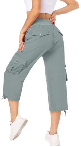 MISS MOLY Women's Cargo Capris Hiking Running Pants Loose Button Decor Lightweight Quick Dry Button Pockets 2XL Grey-Green - Image 2
