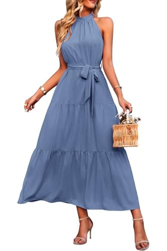 PRETTYGARDEN Women's Summer Maxi Sun Dress Sleeveless Halter Neck Flowy Ruffle Hem Long Boho Dresses with Belt (Solid Grey Blue,Large) - Image 1