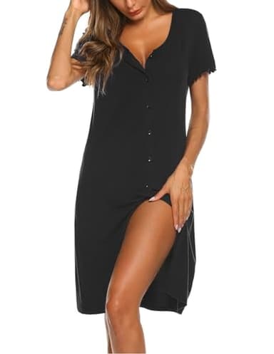 Ekouaer Women's Nightshirt Short Sleeve Button Down Nightgown V-Neck Sleepwear Pajama Dress Black - Image 1