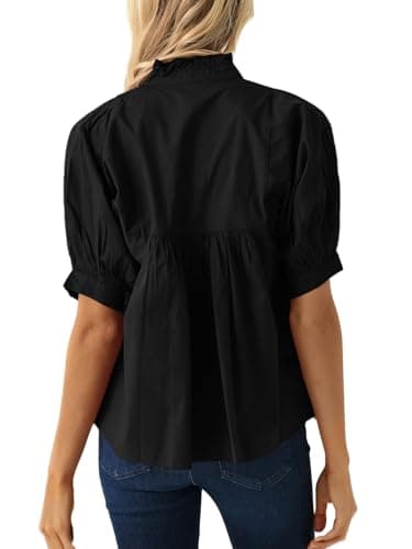 Cicy Bell Womens Puff Sleeve V Neck Blouse Babydoll Peplum Tops Dressy Casual Pleated Loose Fit Shirts Black - Image 3