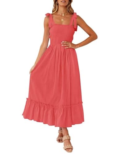 ZESICA Women's 2025 Summer Boho Spaghetti Strap Square Neck Solid Color Ruffle A Line Beach Long Maxi Dress,Watermelon,Large - Image 1