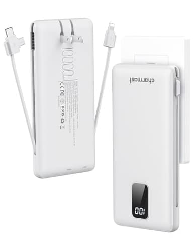 charmast Portable Charger with Built-in Cables and Plug, 10000mAh USB C Power Bank Fast Charging, External Battery Pack Slim, Travel Essentials Compatible with iPhones, Samsung Galaxy, iPad - Image 1