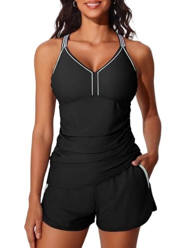 Summer Mae Modest Tankini Swimsuits for Women 2025 Two Piece Bathing Suits with Sporty Pockets Boy Shorts for Tummy Control Pure Black Size 14 - Image 1