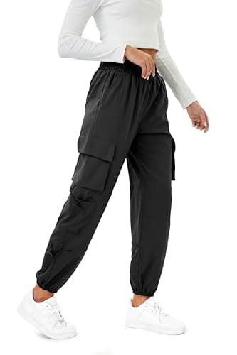 COPYLEAF Womens Parachute Cargo Pants with Pockets Quick Dry Hiking Pants Lightweight Water-Resistant Baggy Joggers(Black XXL) - Image 2
