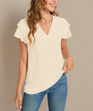 KUOTAI Womens Tops Summer Casual Shirts Short Sleeve V Neck Dressy Work Business Blouse(Beige, XX-Large) - Image 5