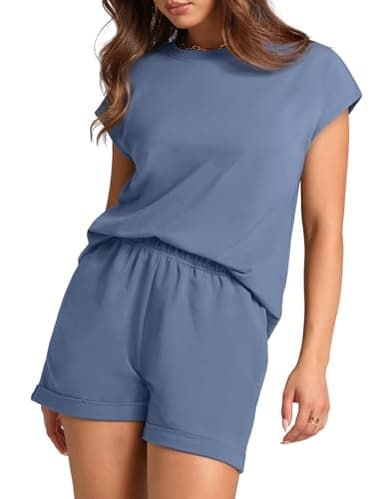WIHOLL Summer Outfits for Women 2025 Trendy Cap Sleeve Tops Plus Size Petite Lounge Sets Spring Comfy Travel Matching Sets Clothing Conjuntos De 2 Piezas Para Mujer Blue L - Image 3