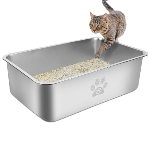 PWTAA Stainless Steel Cat Litter Box High Side Cats Toilet Metal Kitten Litter Pan, Pet Cleaning Tool for Big and Small Cats, Rabbits, Splash-Proof and Non-Stick Cat Poop Box odorless 23.6"x15.7"x7.9" - Image 1