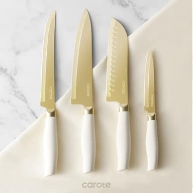 CAROTE 12PCS Kitchen Knife Set, Healthy Gold Titanium Coating Knife Set, Dishwasher Safe with 6 Blade Guards, Rustproof Stainless Steel Cutlery Set, White and Gold - Image 8