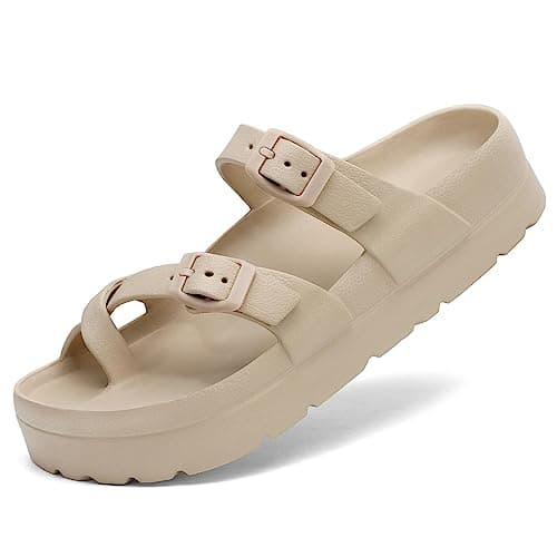 TIKVAW Womens Arch Support Platform Sandals Comfort Slides Thick Soles Flat Sandals With Adjustable Buckle & Ultra Cushion Beige Size 8-8.5 - Image 1