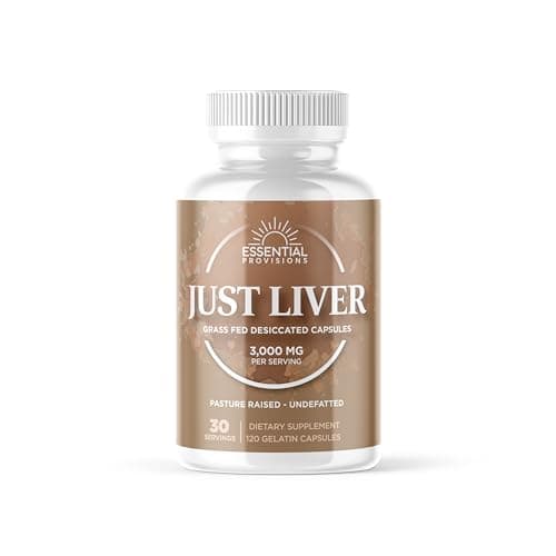 Essential Provisions Just Liver, Grass-Fed and Pasture Raised Beef Liver Capsules, 3,000mg per Serving, 120 Count - Image 1
