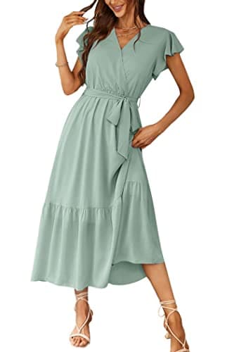 PRETTYGARDEN Women's Summer Floral Boho Dress Wrap V Neck Short Sleeve Ruffle A-Line Flowy Maxi Wedding Guest Dresses (Solid Green,Large) - Image 1