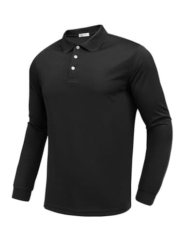 PINSPARK Mens Black Long Sleeve Polo Slim Fit Golf Shirts for Men Quick Dry Moisture Wicking Polo Shirts Collared Shirt Men - Image 1