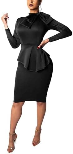 Women's Peplum Bodycon Long Sleeve Wear to Work Dresses Bow Party Club Ruffle Formal Cocktail Pencil Dress - Image 4