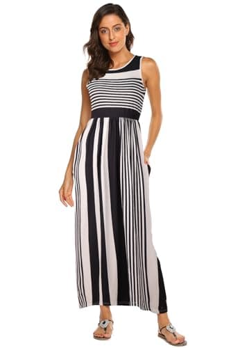 Hount Black Dresses for Women Casual Crewneck Long Maxi Dress with Pockets Striped S - Image 3