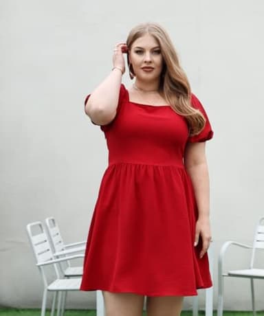 OFEEFAN Casual Summer Dresses for Women Puff Sleeve Zipper Side Square Neck Dress with Tie Bow Red L - Image 2