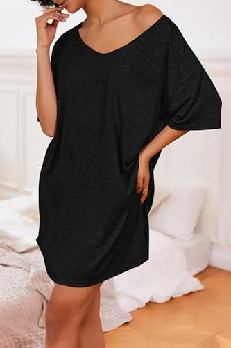 Ekouaer Womens Tshirt Nightgown Cotton V Neck Sleepshirts Comfy Casual Nightshirt for Women, Black, Medium - Image 3
