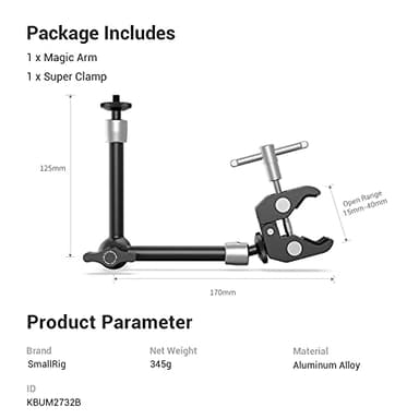 SMALLRIG Clamp w/ 1/4" and 3/8" Thread and 9.8 Inches Adjustable Friction Power Articulating Magic Arm with 1/4" Thread Screw for LCD Monitor/LED Lights - KBUM2732B - Image 3