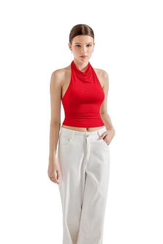 SUUKSESS Women Halter Backless Tank Tops Sexy Cowl Neck Summer Going Out Tops Sleeveless Camisole Top (Red,M) - Image 2