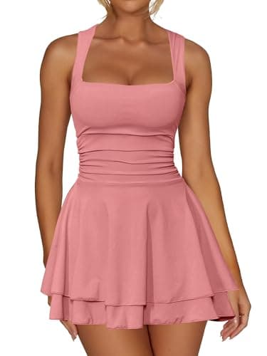 Kaximil Women's Square Neck Ruffle Hem Mini Dress Ruched Waist Short Party Dresses, Small, Water Pink - Image 1