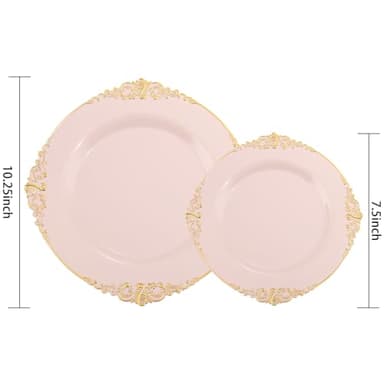 Joyido 102PCS Pink Plastic Plates - Pink and Gold Plate - Heavyweight Disposable Plate with Gold Rim - Fancy Dinner & Dessert Plates for 51 Guests Weddings & Parties - Image 6